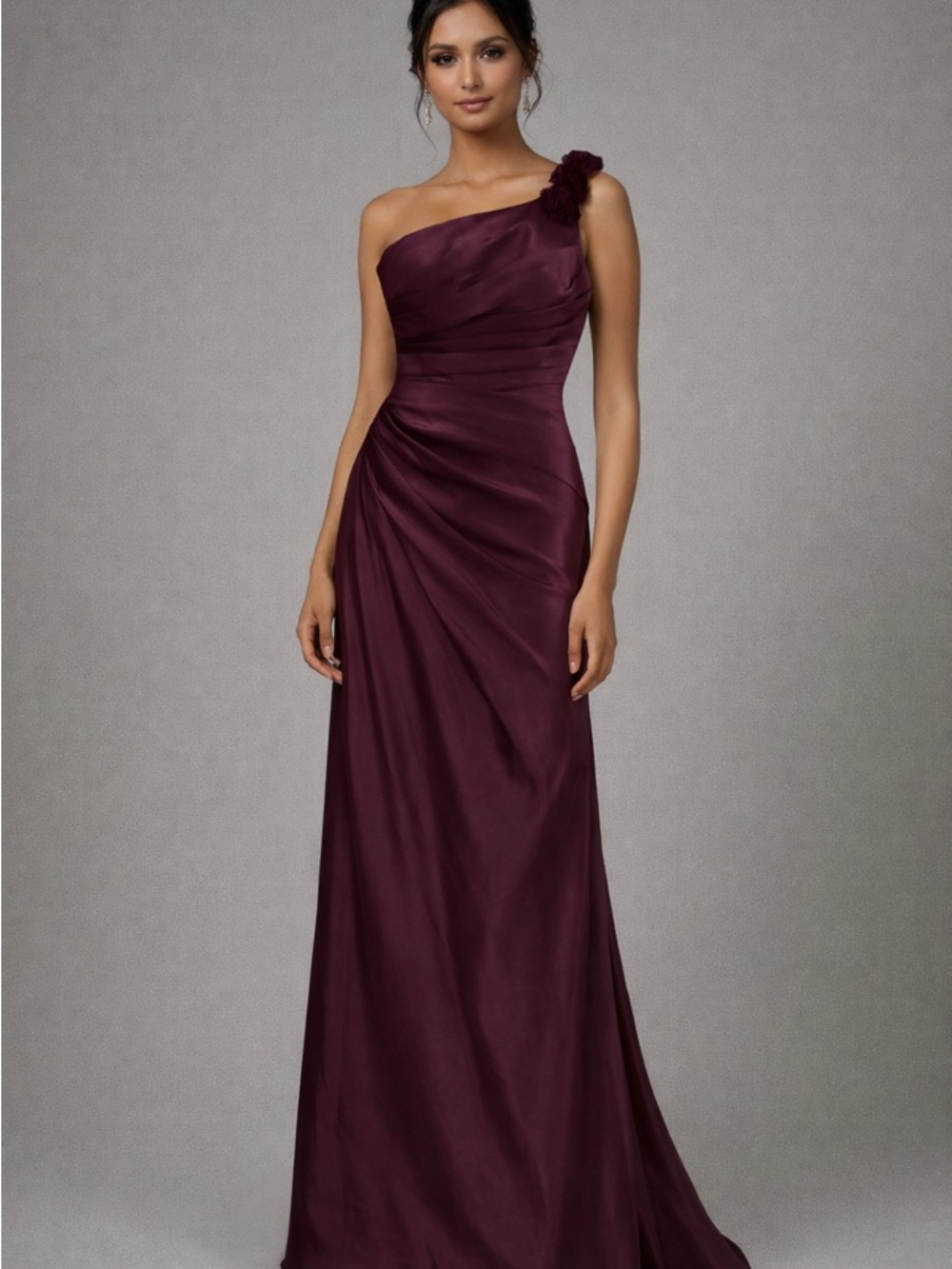Bill Levkoff One-Shoulder Plum Evening Gown w. pleated bodice. Size 12